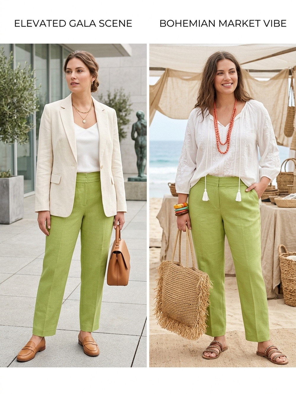 Lime Green Linen Blend flat Trousers 14 Open Stitch Embroidered Lagenlook Sz-14